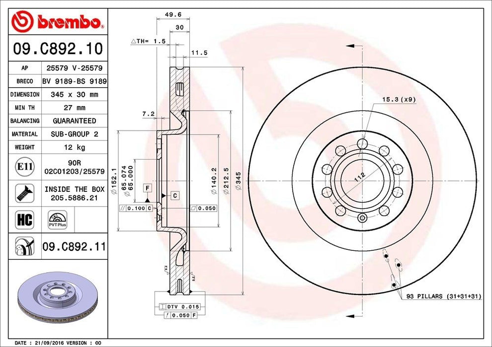 09.C892.11 Brembo Brake Rotor