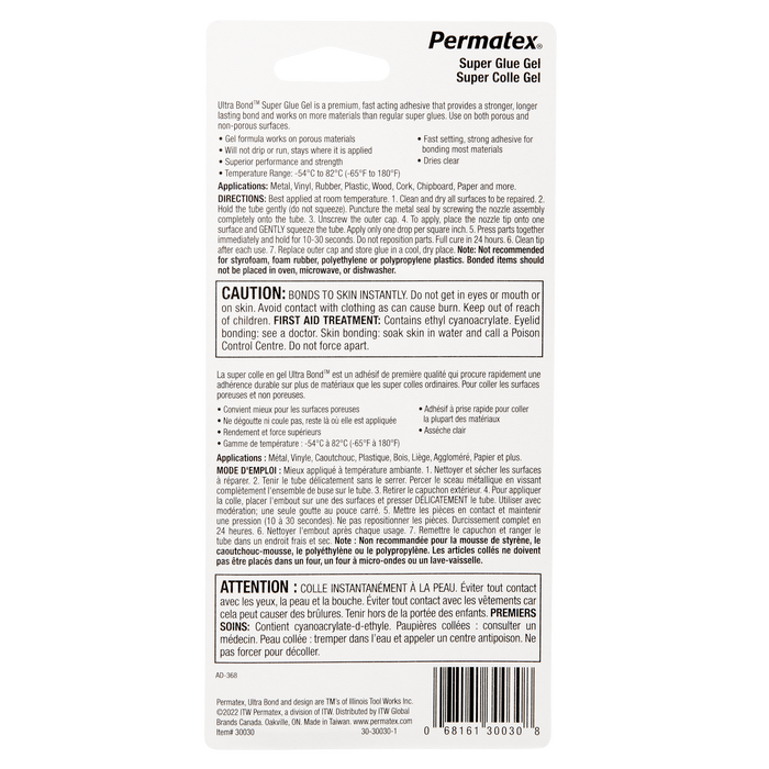 Permatex® Ultra Bond® Super Glue Gel, 2g Tube