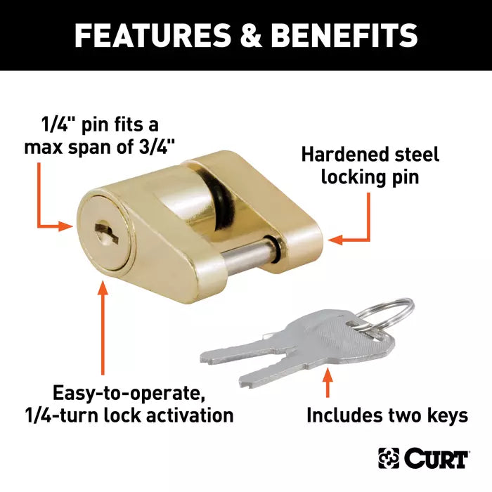 23022 Coupler Lock 1/4 Pin, 3/4 Latch Span, Padlock, Brass-Plated