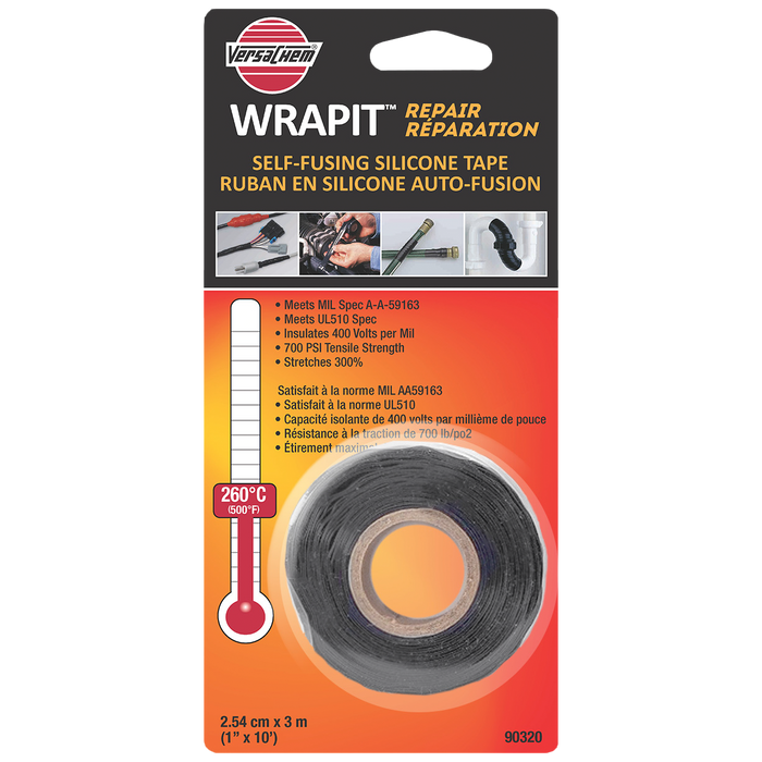 Versachem WrapIt Repair Tape (2 Rolls) – Self-Fusing Black Silicone, 1" X 10'