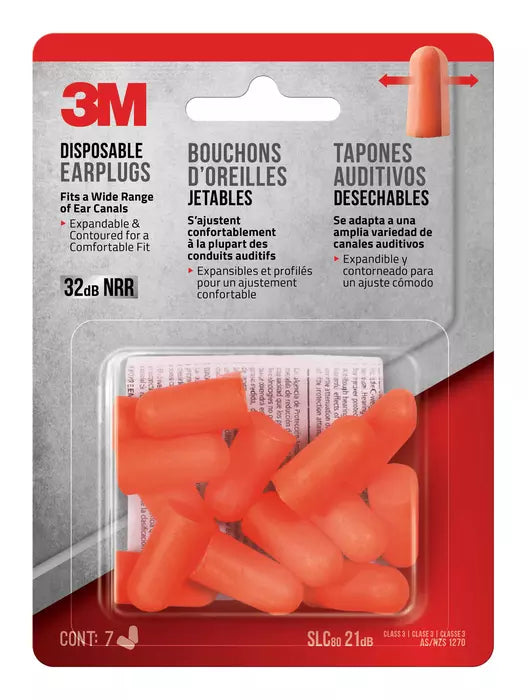 3M Disposable Earplugs, 7 Pairs/pack