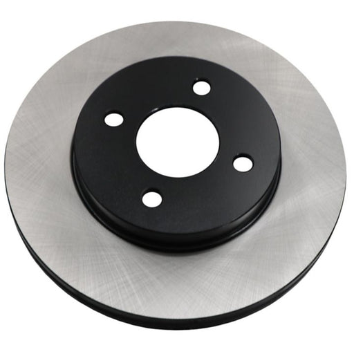 Introducing the C26100 ProSeries OE+ Brake Rotor: a new, shiny brake rotor with a sleek black center, featuring four precise holes for attachment.