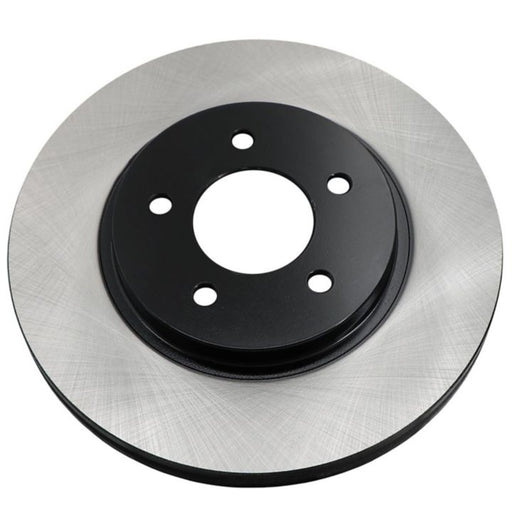 The C26197 ProSeries OE+ Brake Rotor is designed with a black center and a silver, ridged outer surface, featuring five mounting holes.