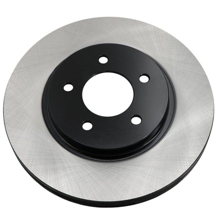The C26197 ProSeries OE+ Brake Rotor is designed with a black center and a silver, ridged outer surface, featuring five mounting holes.