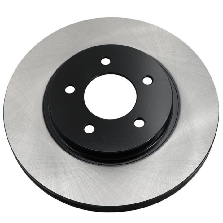 The C26197 ProSeries OE+ Brake Rotor is designed with a black center and a silver, ridged outer surface, featuring five mounting holes.