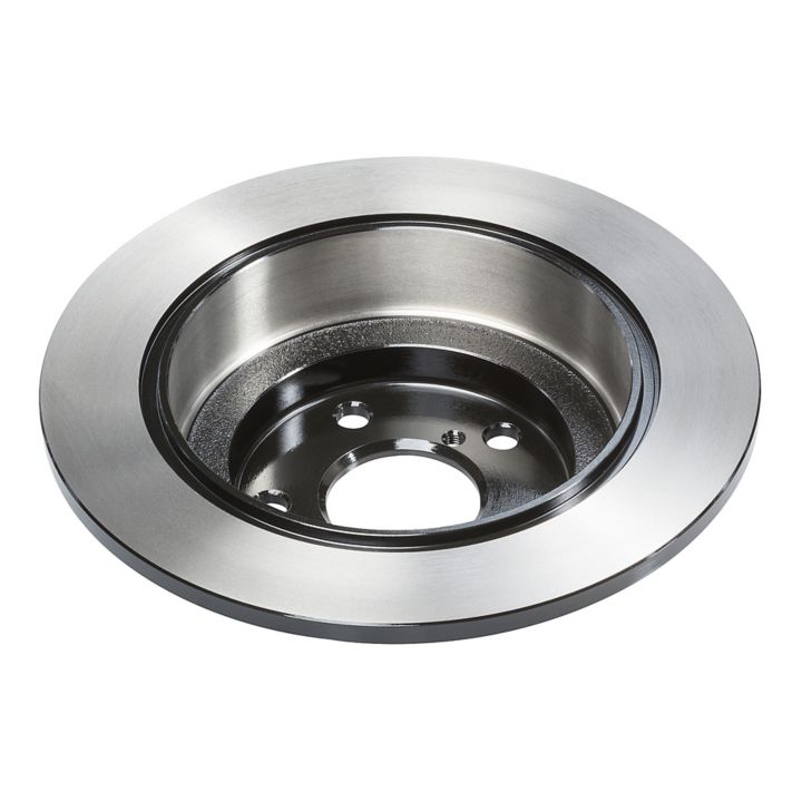 The C25046 ProSeries OE+ Brake Rotor is a shiny, circular metal brake disc with a central hole pattern, designed for use in automotive braking systems.