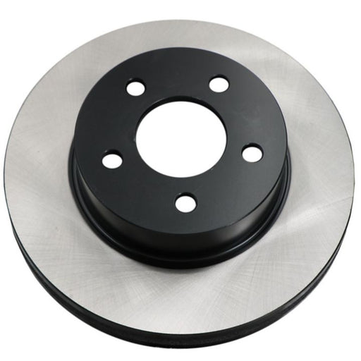 Close-up of a C25494 ProSeries OE+ Brake Rotor in black and silver, featuring five bolt holes.