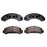 The BFD249SM ProSeries OE Brake Pads set includes four brake pads: two brand-new ones featuring smooth surfaces on top, and two worn ones with rough surfaces on the bottom.