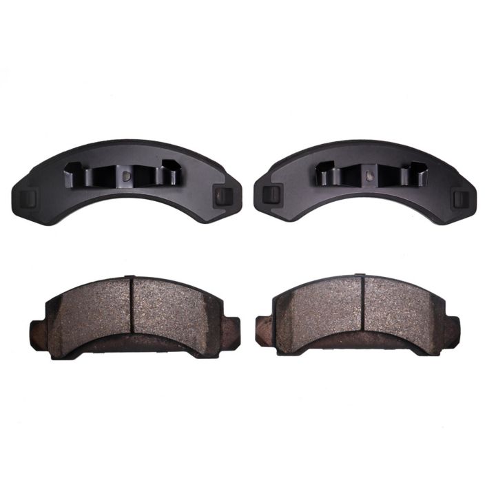 The BFD249SM ProSeries OE Brake Pads set includes four brake pads: two brand-new ones featuring smooth surfaces on top, and two worn ones with rough surfaces on the bottom.