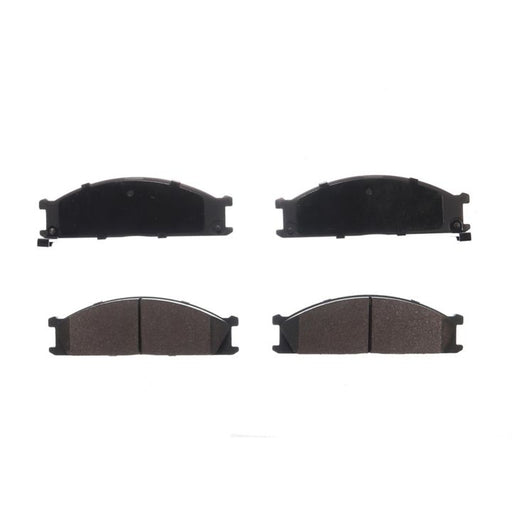 A set of four BFD333SM ProSeries OE black automotive brake pads, with two oriented to show the surface that contacts the brake rotor.