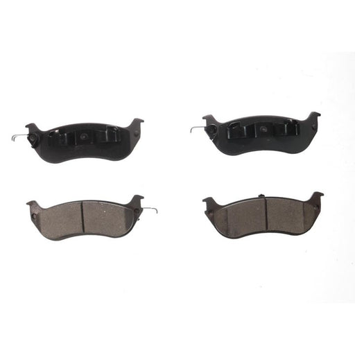 Four BFD674SM ProSeries OE Brake Pads in black, including two with metal clips and two displaying friction material, arranged in a grid pattern on a white background.