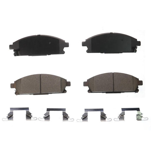 Four BFD691CR ProSeries OE Brake Pads and four metal clips arranged in rows on a white background.
