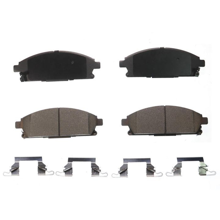Four BFD691CR ProSeries OE Brake Pads and four metal clips arranged in rows on a white background.