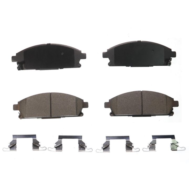 Four BFD691CR ProSeries OE Brake Pads and four metal clips arranged in rows on a white background.