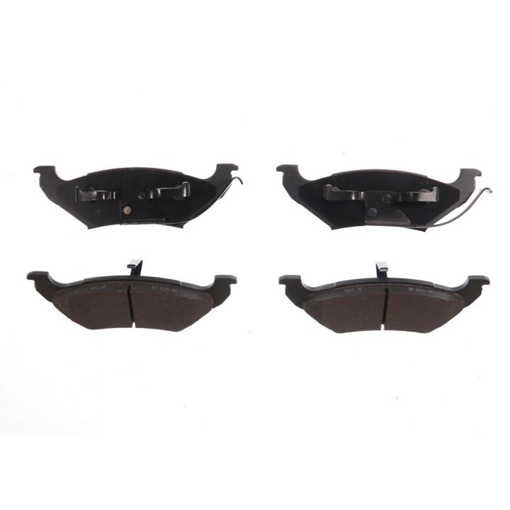 Four BFD715SM ProSeries OE Brake Pads in black, with two featuring metal clips on the top row and the other two having friction surfaces on the bottom row.