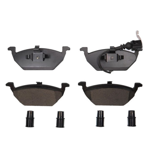 Four BFD768ASM ProSeries OE black brake pads and two small black components arranged on a white background.