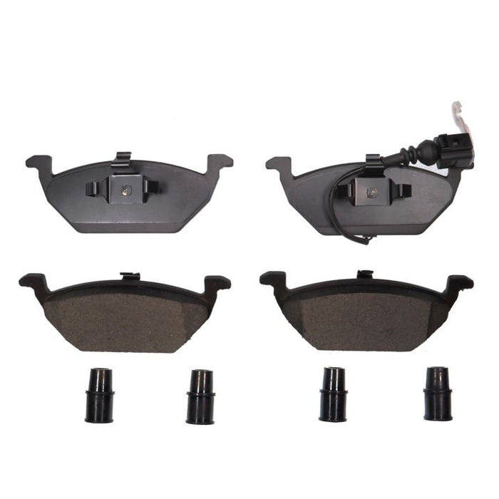 Four BFD768ASM ProSeries OE black brake pads and two small black components arranged on a white background.