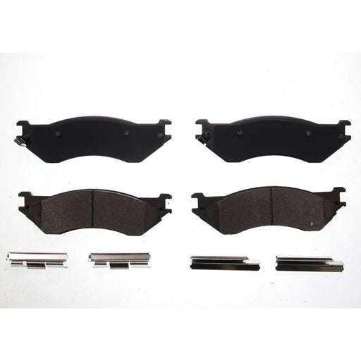 Four BFD702ASM ProSeries OE Brake Pads in black, complete with mounting clips, displayed from both front and back views on a white background.