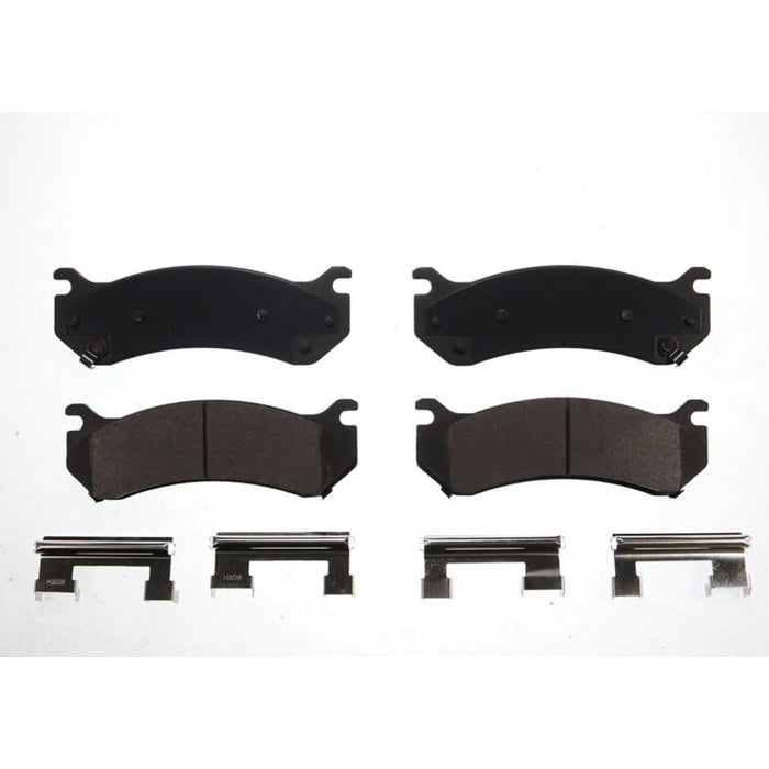 Four BFD785CR ProSeries OE Brake Pads and related hardware pieces arranged on a white background.