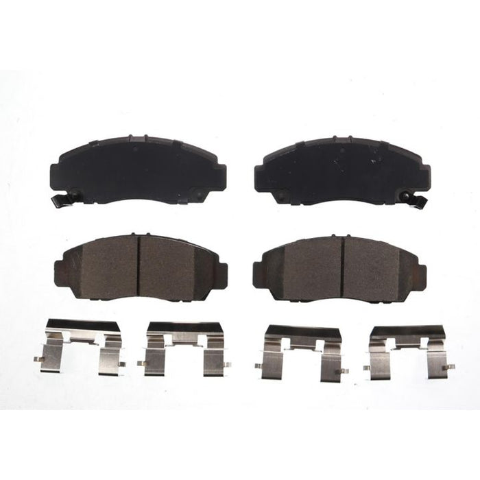 Four BFD787CR ProSeries OE Brake Pads in black, accompanied by four silver hardware clips, are arranged below them on a white background.