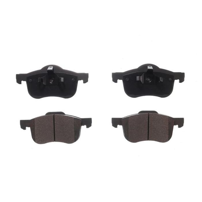 The BFD794SM ProSeries OE Brake Pads display four black and grey automotive brake pads, with two showcasing the friction surfaces and two highlighting the metal backing plates.
