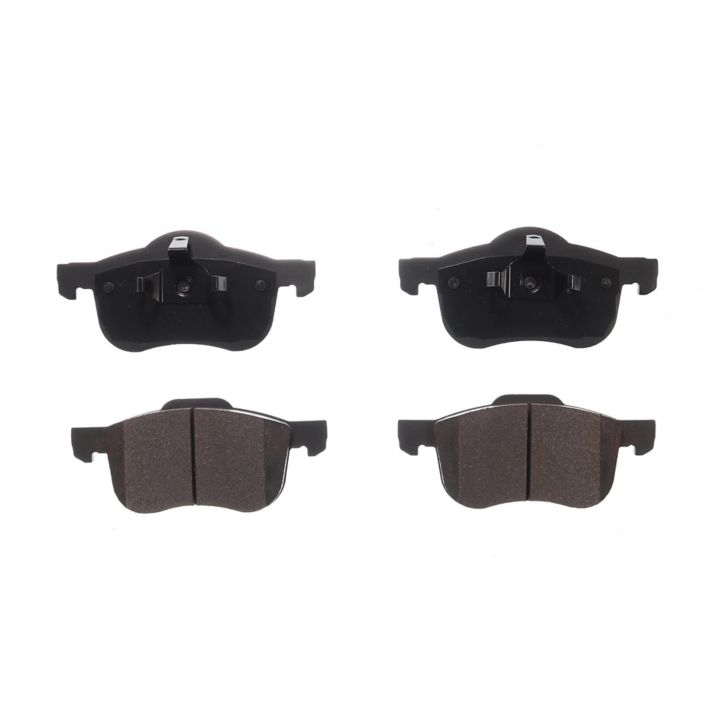 The BFD794SM ProSeries OE Brake Pads display four black and grey automotive brake pads, with two showcasing the friction surfaces and two highlighting the metal backing plates.