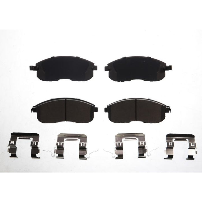 Set of four BFD815ACR ProSeries OE black brake pads with hardware clips arranged below them on a white background.