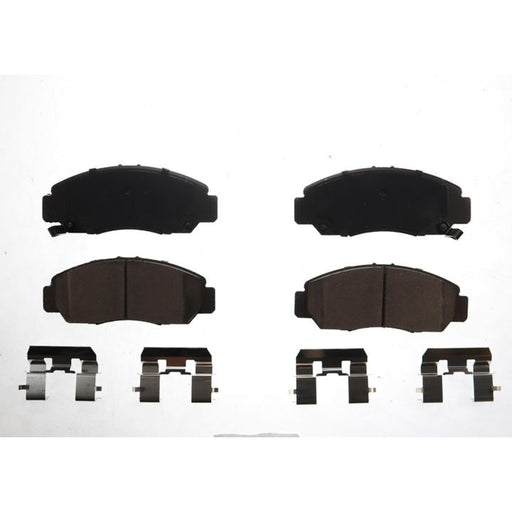 Four BFD959CR ProSeries OE Brake Pads in black and four metallic clips arranged on a white background.