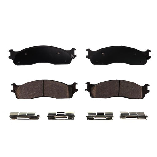 Set of four BFD965SM ProSeries OE black brake pads with hardware for a vehicle, displayed against a white background.