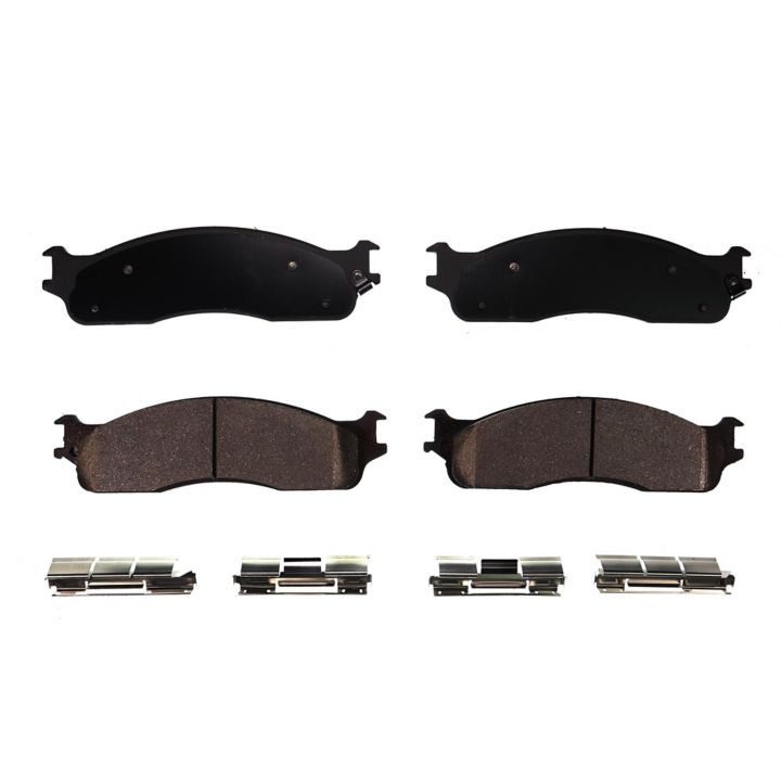 Set of four BFD965SM ProSeries OE black brake pads with hardware for a vehicle, displayed against a white background.