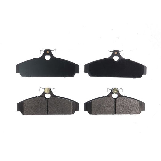 Four BFD216SM ProSeries OE Brake Pads, two featuring a solid coating and two equipped with visible wear indicators, arranged in two rows.