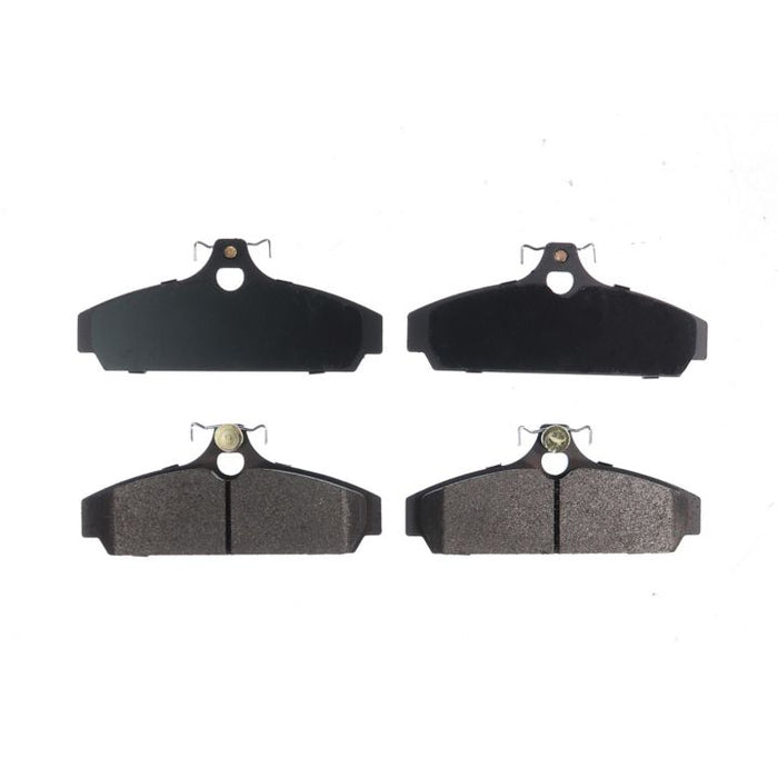 Four BFD216SM ProSeries OE Brake Pads, two featuring a solid coating and two equipped with visible wear indicators, arranged in two rows.