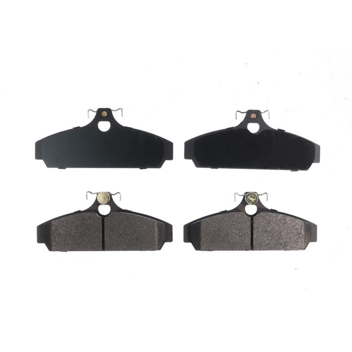 Four BFD216SM ProSeries OE Brake Pads, two featuring a solid coating and two equipped with visible wear indicators, arranged in two rows.