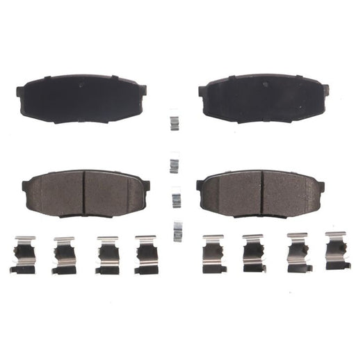 Four BFD1304CR ProSeries OE Brake Pads and eight metal clips arranged in rows on a white background.
