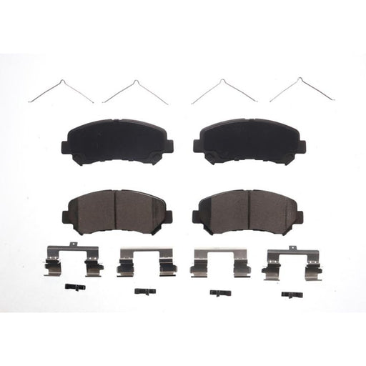 A set of BFD1338CR ProSeries OE Brake Pads with metal clips and small components arranged neatly on a white background.