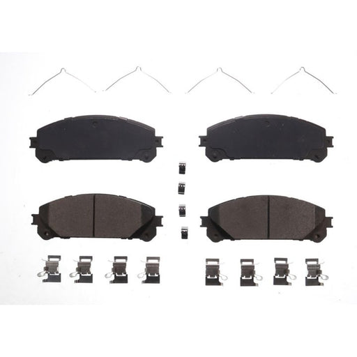 Four BFD1324CR ProSeries OE Brake Pads in black, complete with accompanying clips and springs, are arranged on a white background.