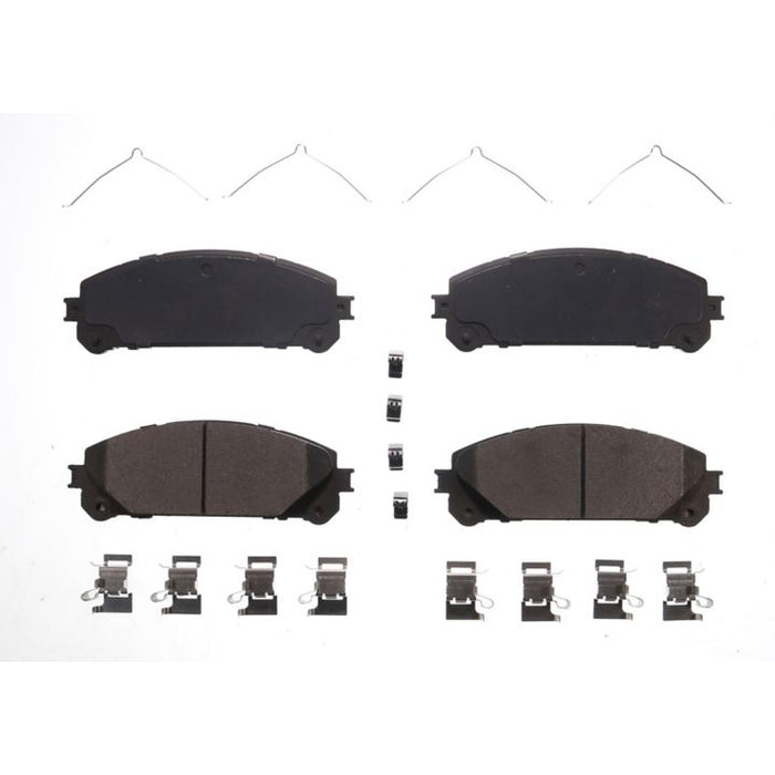 Four BFD1324CR ProSeries OE Brake Pads in black, complete with accompanying clips and springs, are arranged on a white background.