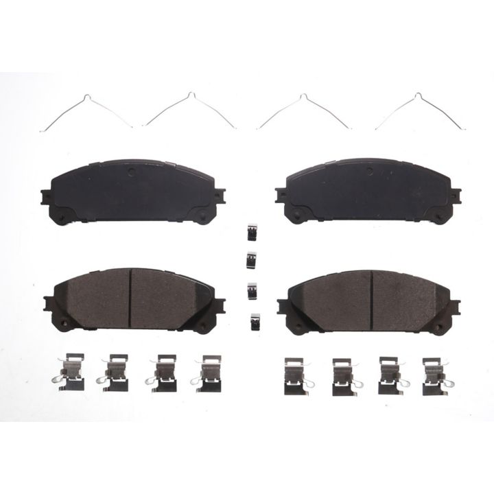 Four BFD1324CR ProSeries OE Brake Pads in black, complete with accompanying clips and springs, are arranged on a white background.