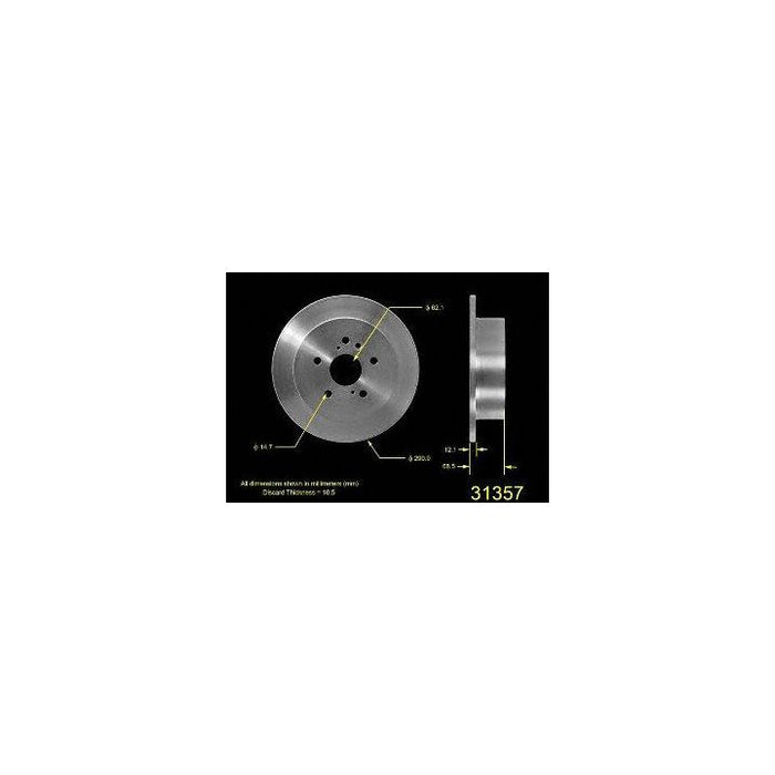 Image depicts a technical drawing and specifications of the 31357 Pro-Series OE Brake Rotor, displaying its round metal disc design and dimensions.