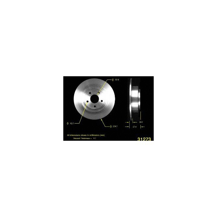 Two views of the 31273 Pro-Series OE Brake Rotor, a circular metal disc, with dimensions and specifications shown on a black background.