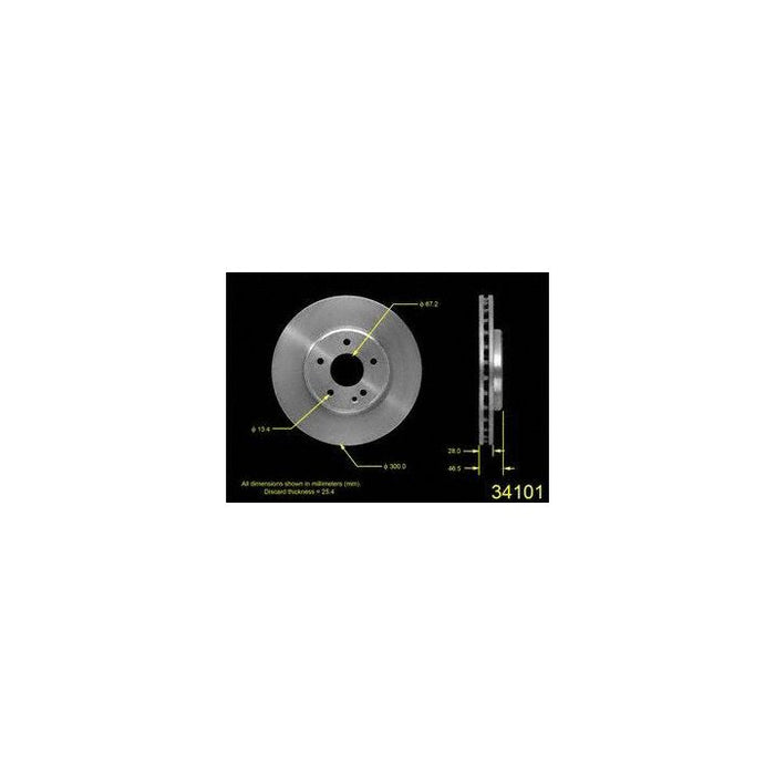 The 34101 Pro-Series OE Brake Rotor, showcasing its annotated dimensions and technical specifications, is displayed on a black background.