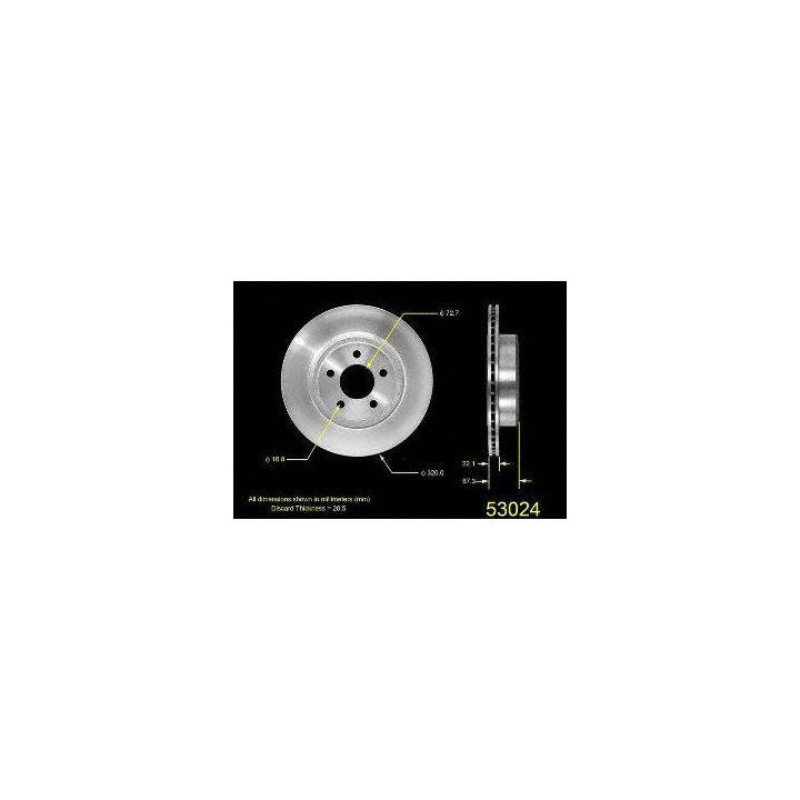 A labeled diagram of the 53024 Pro-Series OE Brake Rotor, detailing its dimensions and thickness in millimeters.