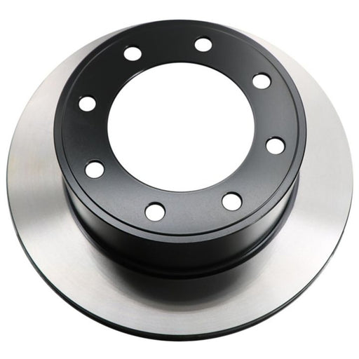 Introducing the C26274 ProSeries OE+ Brake Rotor, which boasts a striking design with a black center section and a silver outer perimeter, complemented by multiple circular holes for enhanced performance.