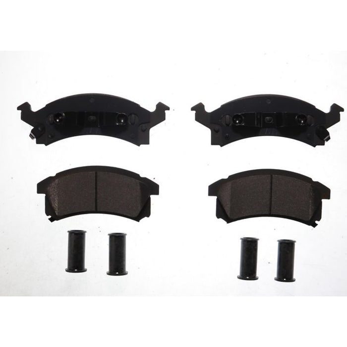 Four BFD673SM ProSeries OE Brake Pads and four cylindrical components arranged on a white background.