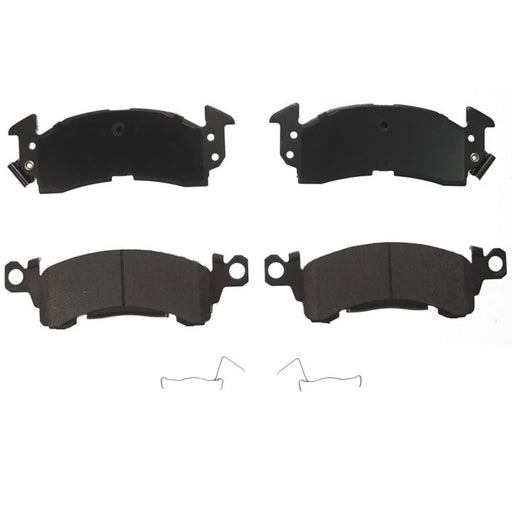 Four BFD52CR ProSeries OE Brake Pads in black, arranged in two rows with metal clips underneath each pair, displayed on a white background.