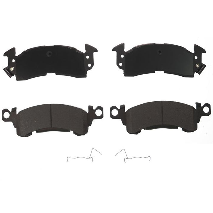 Four BFD52CR ProSeries OE Brake Pads in black, arranged in two rows with metal clips underneath each pair, displayed on a white background.