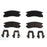 Four BFD814SM ProSeries OE Brake Pads and four metal clips arranged on a white background.