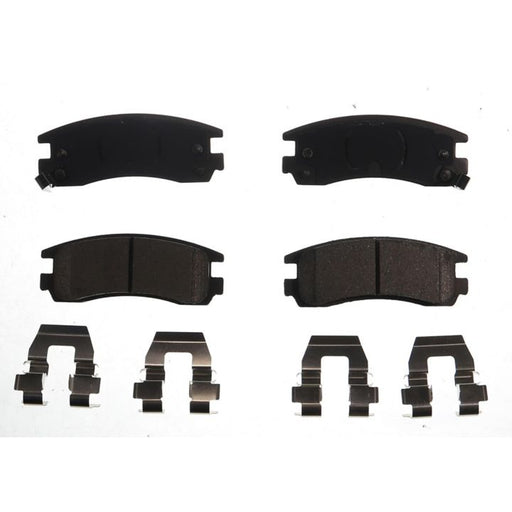 Four BFD814SM ProSeries OE Brake Pads and four metal clips arranged on a white background.