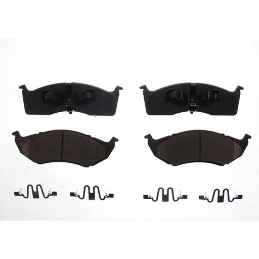 BFD730BCR ProSeries OE Brake Pads, set of four with hardware clips, arranged on a white background.