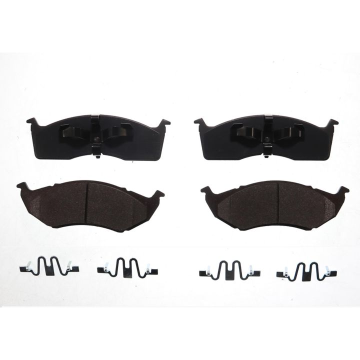 BFD730BCR ProSeries OE Brake Pads, set of four with hardware clips, arranged on a white background.